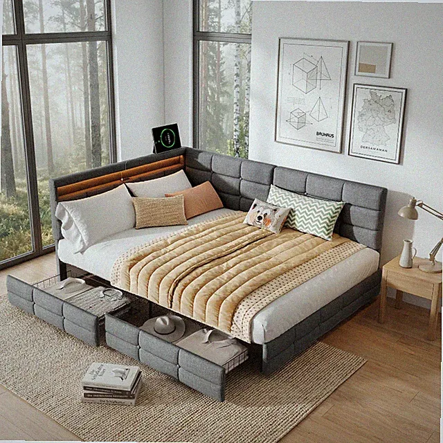 Polsterbett Schlafsofa 140x190 mit LED USB Bettgestell mit Lattenrost Stauraum
