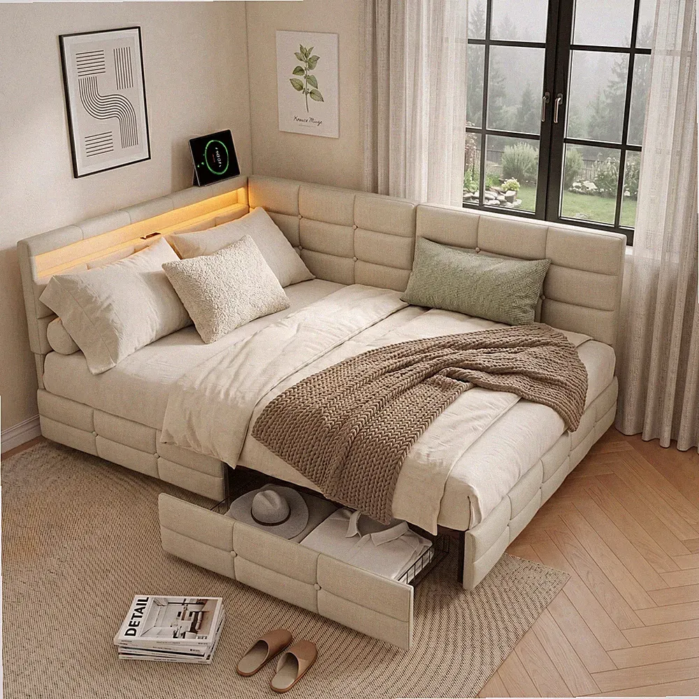 Polsterbett Schlafsofa 140x190cm mit LED Bettgestell Bett 4 Stauraum Schubladen