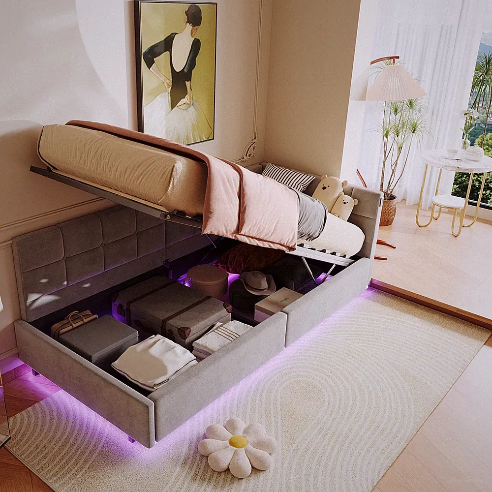 Polsterbett Schlafsofa 90x200 cm Mit LED USB Lattenrost Boxspringbett Stauraum