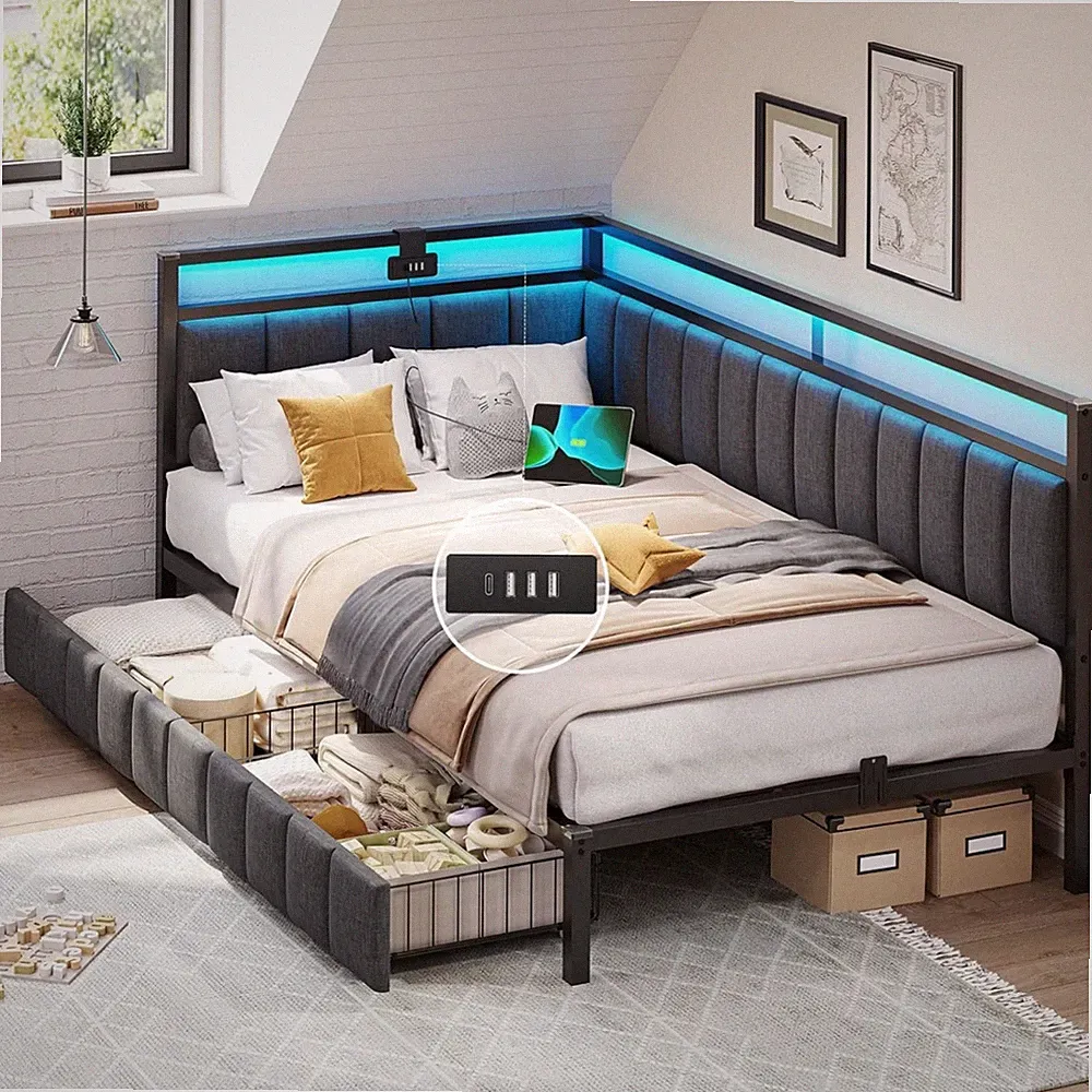 Polsterbett Schlafsofa 90x200, LED, USB, L-förmig, Metall, Dunkelgrau