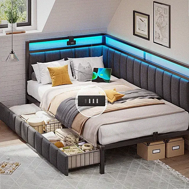 Polsterbett Schlafsofa 90x200 mit LED-Beleuchtung und USB-Ladestation,Jugendb...