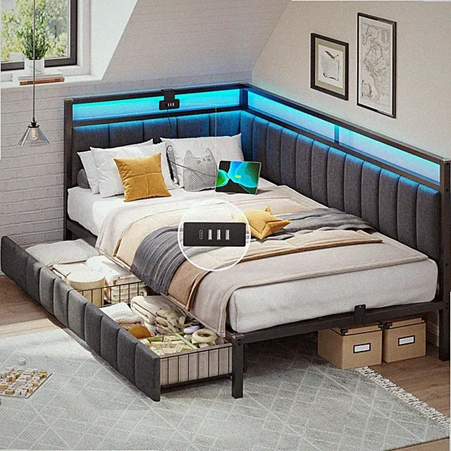 Polsterbett Tagesbett 90x200 RGB LED USB Lattenrost 2 Schubladen Metallrahmen