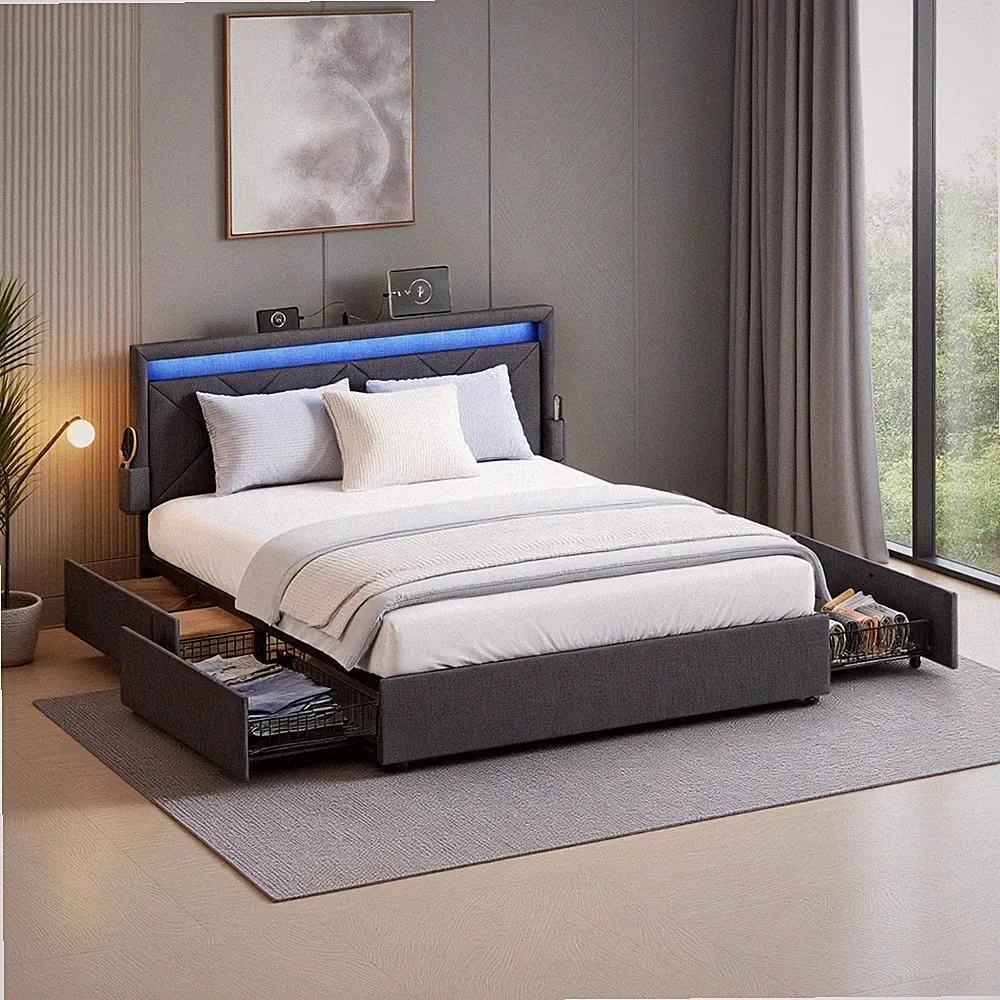 Polsterbett und 7-Zonen Taschenfederkernmatratze Set, mit LED, 4 Schubladen, USB