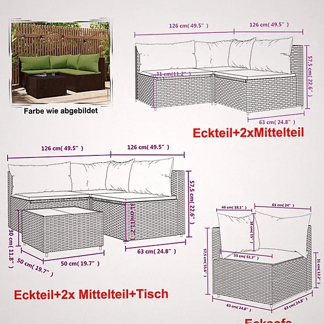 Poly Rattan Sitzgruppe Esstisch Lounge Gartenmöbel Sitzgarnitur Tisch + Stühle