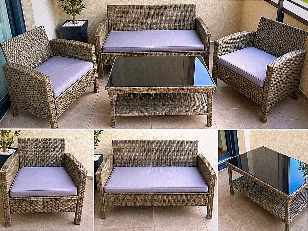 Polyrattan Gartenlounge 4-teilig mit Tisch & Sitzkissen – Grau