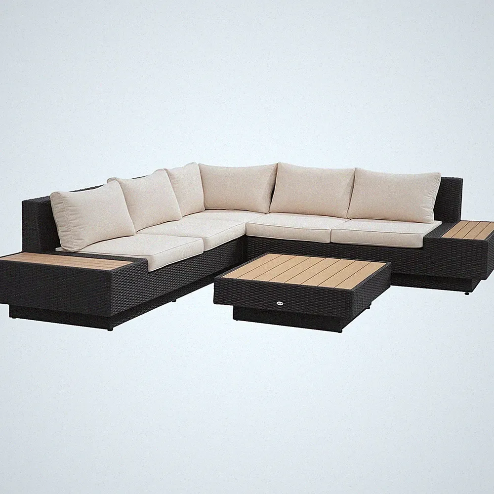 Polyrattan Gartenmöbel 4-tlg. Gartenlounge Sitzgruppe mit Ablagen Schwarz