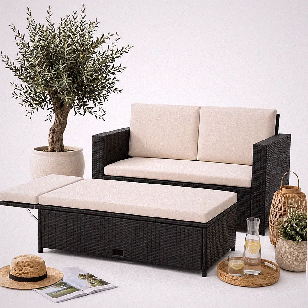Polyrattan Gartensofa und klappbare Fußbank Lounge Sessel Gartenmöbel schwarz