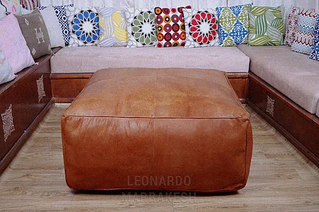 Pouffe Leder Marokkanischer Fußhocker Sitzsack Handarbeit Ottoman Braun Tan Pouf