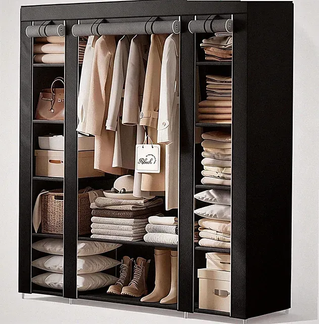 Praktisches Schlafzimmer Aufbewahrungssystem in Schwarz, Stoff-Kleiderschrank