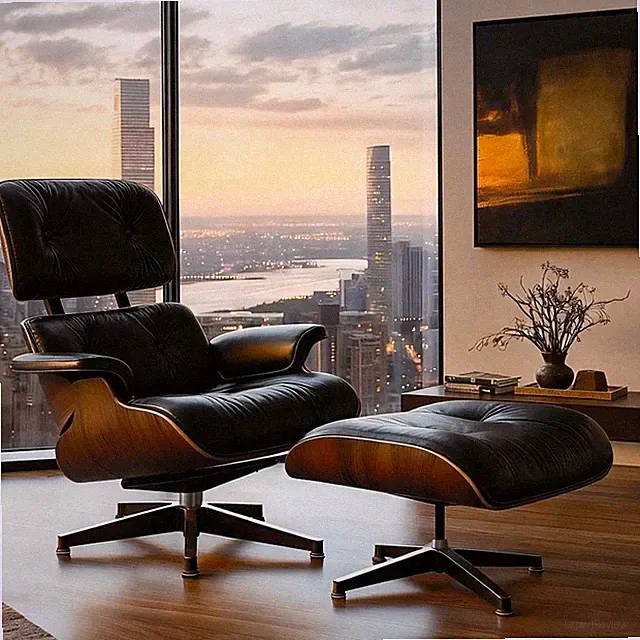 Pro Tall Eam Mid Century Lounge Sessel Chair & Ottomane Echt Leder Wohnzimmer