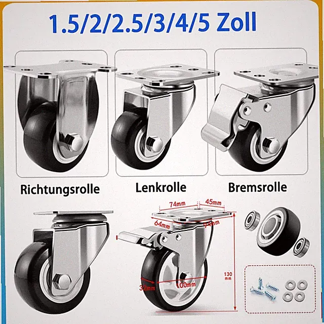 PU + Edelstahl Schwerlastrolle Transportrollen Möbelrollen 1.5/2/2.5/3/4/5 Zoll