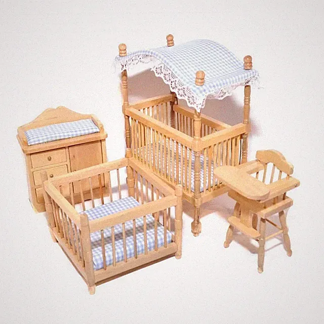 Puppenhaus Kinderzimmer Möbel Set Eiche Hell Blau Gingham Miniatur Baby Junge