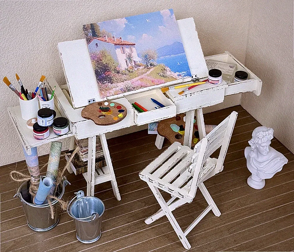 Puppenhaus Künstler Staffelei Schreibtisch & Stuhl Miniatur Kunst Studio Möbel im Maßstab 1:6