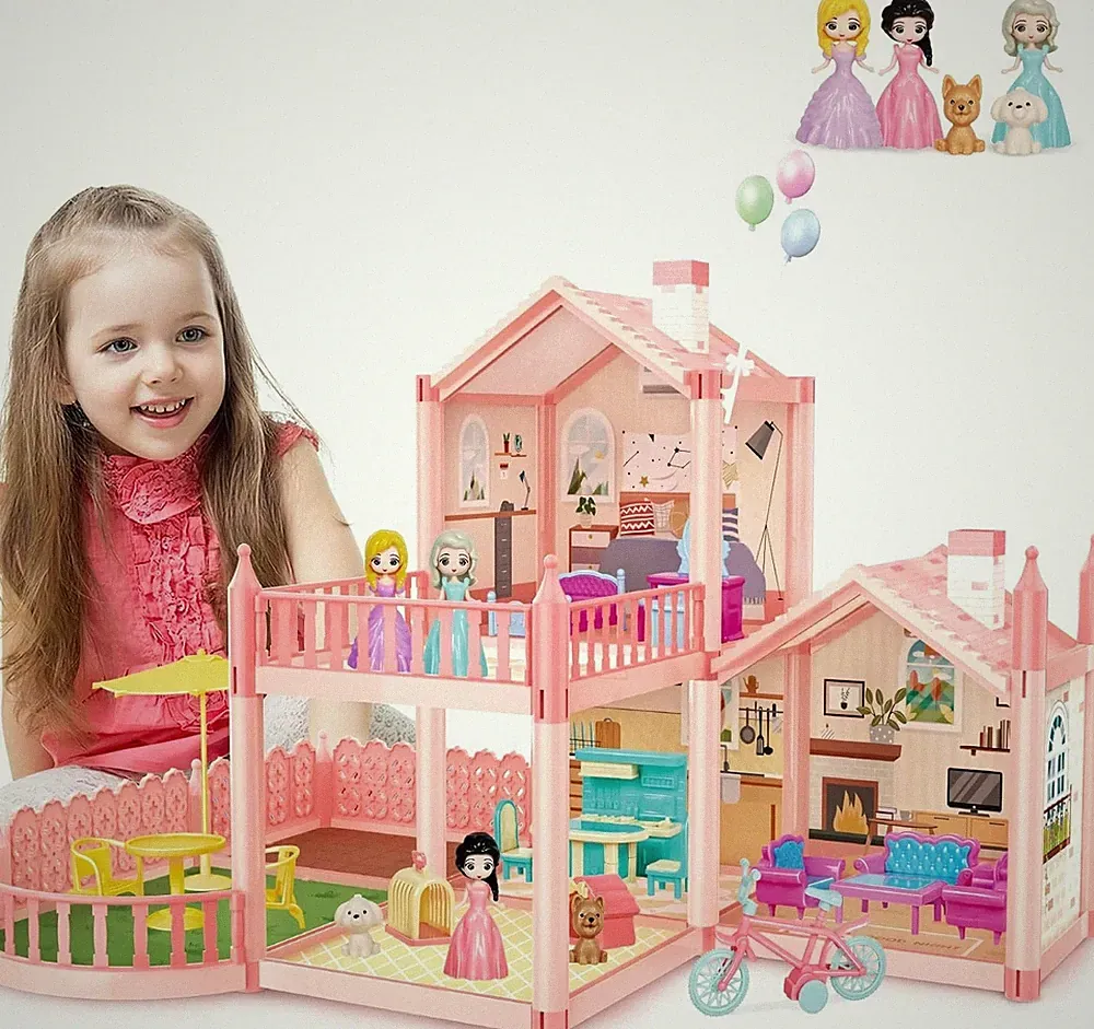 Puppenhaus mit 3 Puppen & Möbel, Villa Dollhouse, Prinzessin Traumhaus Spielzeug