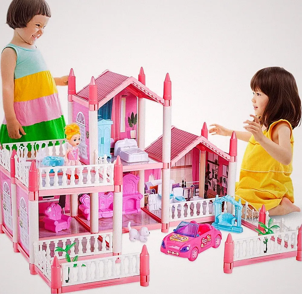 Puppenhaus Spielzeughaus 2-stöckiges DIY-Zimmer Barbie-Puppenhaus-Spielset & LED