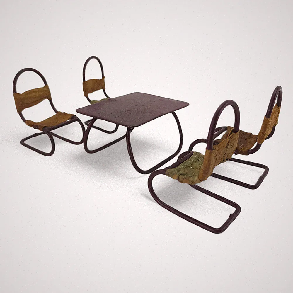 Puppenhaus Möbel - Bauhaus Stil - Tisch & 4 Stühle - Metallrohr 1950er Vintage