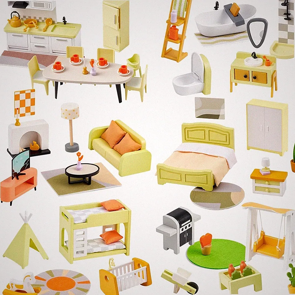 Puppenhaus Möbel Holzset, 85 Teile, Kinder Spielzeug, Holz, 6 Zimmer, ab 3 Ja...