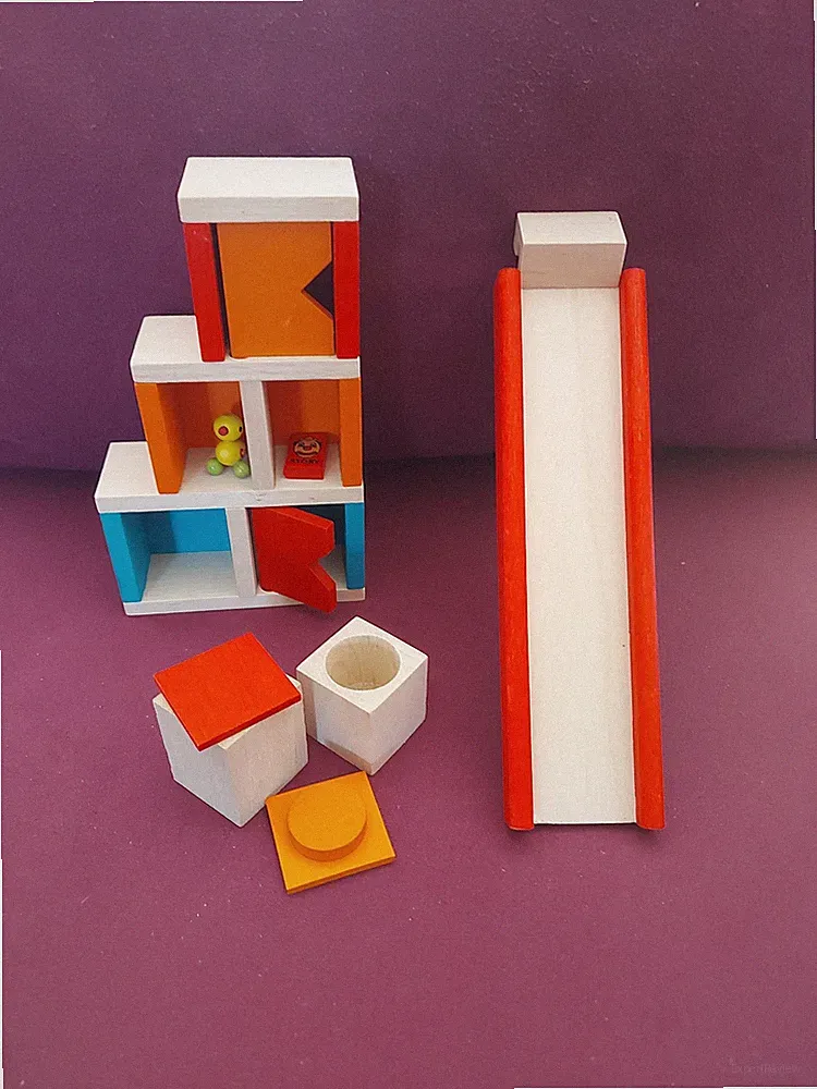 puppenhaus möbel selecta Kinderzimmer Regal Sitzhocker Kleiderschrank Rutsche