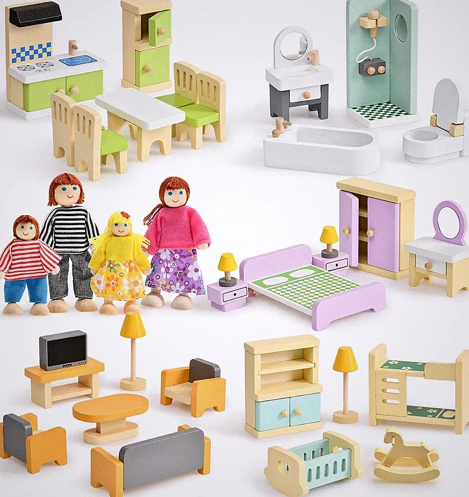 Puppenhaus Möbel Set aus Holz Bunt Zubehör Spielzeug Rollenspiel ab 3 Jahren