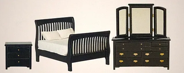 Puppenhaus Schwarz Doppel Schlafzimmer Möbelset Mit Latten Schlitten Bett 1:12