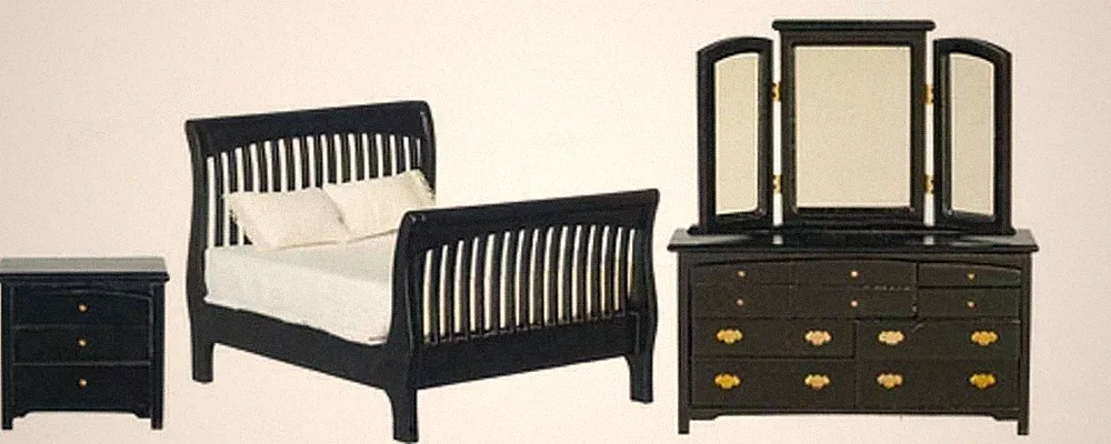 Puppenhaus Schwarz Doppel Schlafzimmer Möbelset Mit Latten Schlitten Bett 1:12