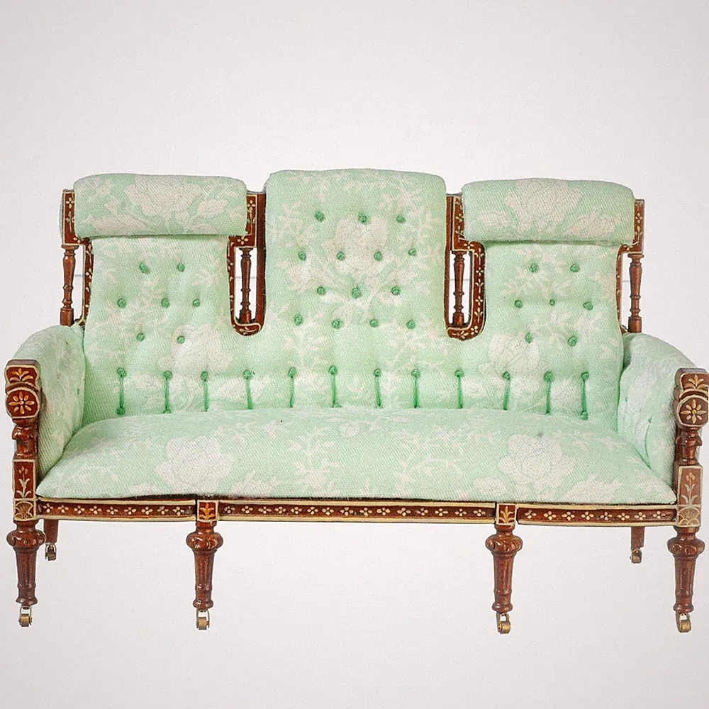 Puppenhaus Sofa Französisches Settee Grünes Floral Walnuss JBM Wohnzimmer Möbel