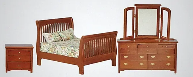 Puppenhaus Walnuss Doppel Schlafzimmer Möbelset Mit Latten Schlitten Bett 1:12