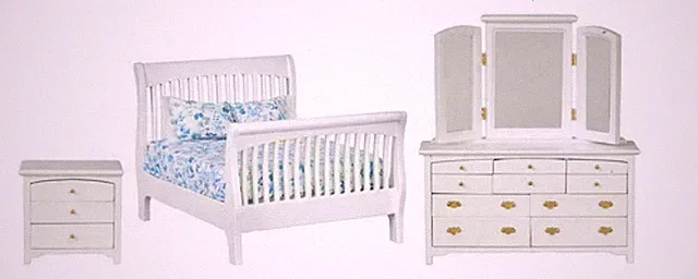 Puppenhaus weiß Doppelbett Schlafzimmer Möbel Set mit Lattenrost Schlittenbett 1:12