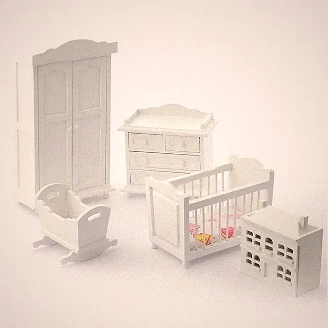 Puppenhaus Weiß Holz Kinderzimmermöbel Set Miniatur 5 Teile Baby Zimmer