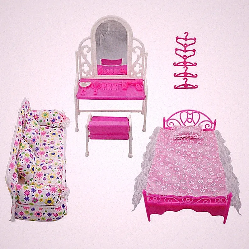 Puppenmöbel Spielhaus Bett Tisch Stuhl Rosa Schlafzimmer Spielzeug für Barbie