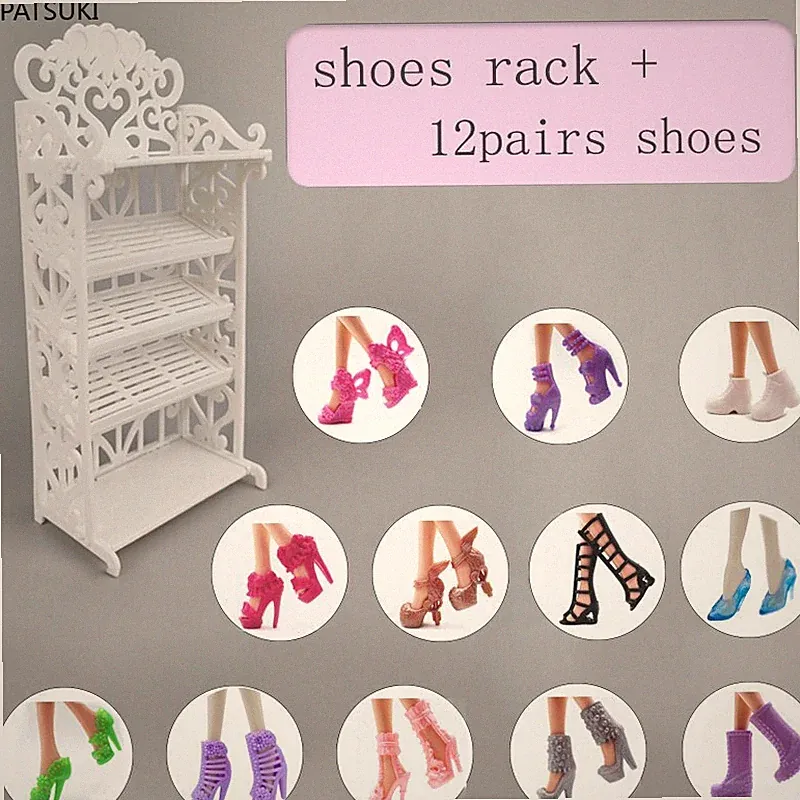 Puppenschuhregal + 12 Paar Modeschuhe für Barbie Puppe Möbel Spielset Zubehör