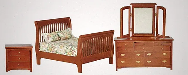 Puppenstube Nussbaum Doppelbett Schlafzimmer Möbel Set mit Lattenrost Schlittenbett 1:12