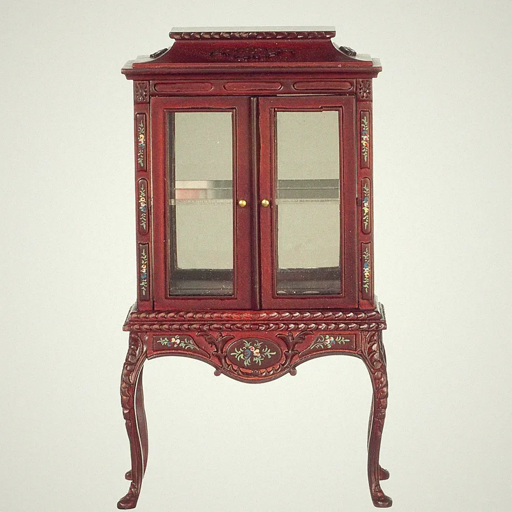 Puppenstube Porzellan Schrank auf Beinen Mahagoni handbemalt JBM Miniatur Möbel