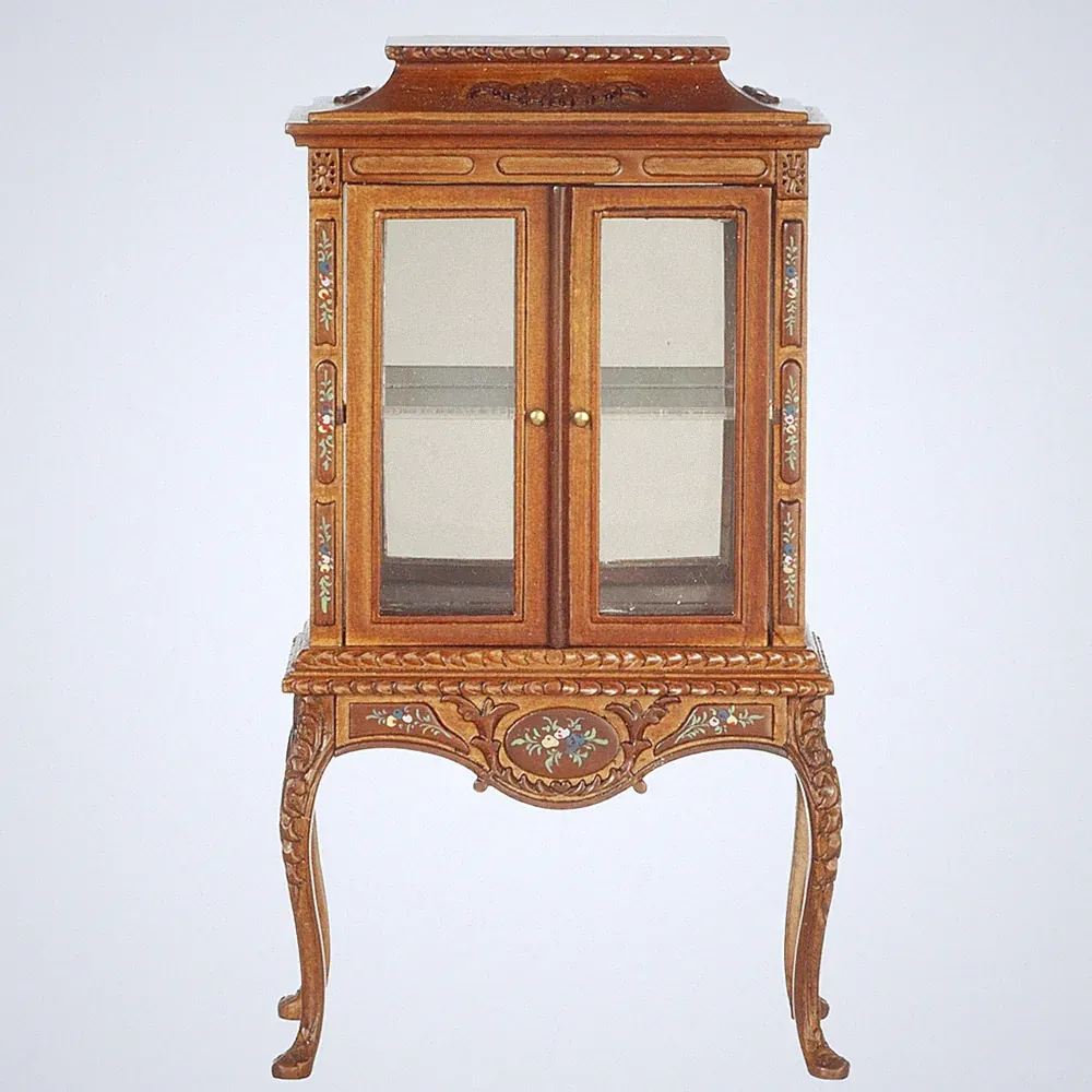 Puppenstube Porzellan Schrank auf Beinen Nussbaum handbemalt JBM Miniatur Möbel