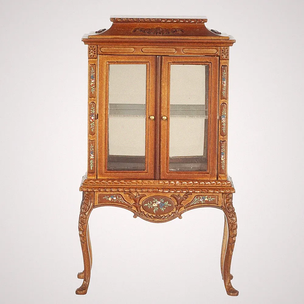 Puppenstube Porzellan Schrank auf Beinen Nussbaum handbemalt JBM Miniatur Möbel