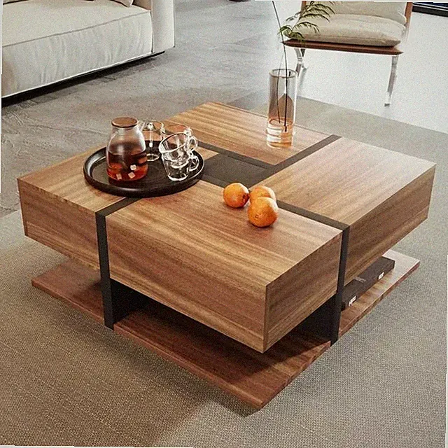 Quadrat Couchtisch 78cm mit 4 Schubladen Stauraum Holzfarbe Wohnzimmer Kaffeetis