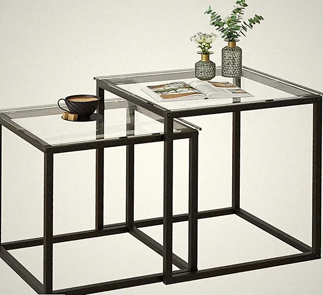 Quadratische Beistelltische, Wohnzimmer Tisch Set, Glas, Schwarz
