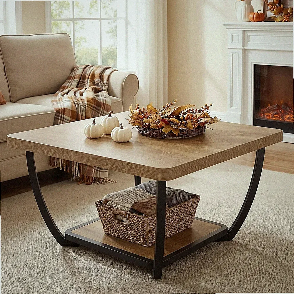Quadratischer Couchtisch 80 cm, 2-Ebenen Wohnzimmertisch mit Metallgestell