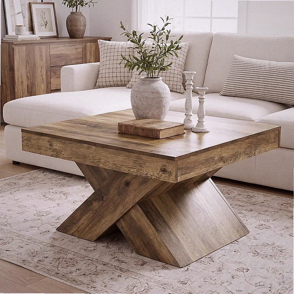 Quadratischer Couchtisch 80 cm, Couchtisch im Landhausstil mit X-Fußgestell