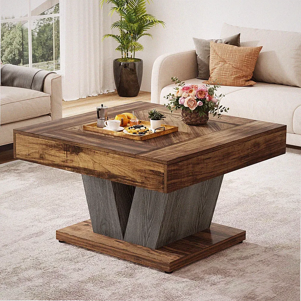 Quadratischer Couchtisch, Holz-Couchtisch für Wohnzimmer, 80X80X50 cm, Braun
