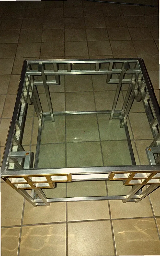 Quadratischer Couchtisch Metall mit Glasplatte, Stahl/Transparent, Art Deco