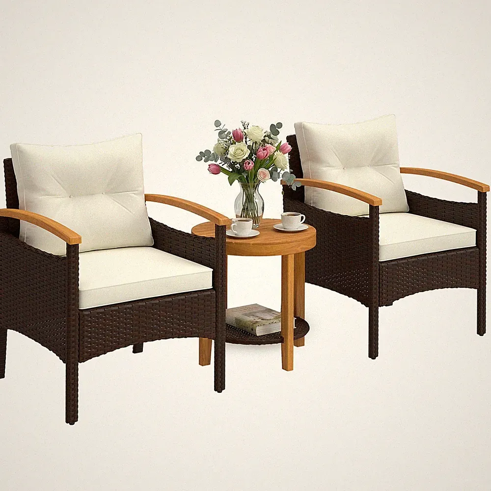 Rattan Bistroset 3 teiliges FSC Gartenmöbel-Set mit 2 Sessel, 2-Ebene Holz-Tisch