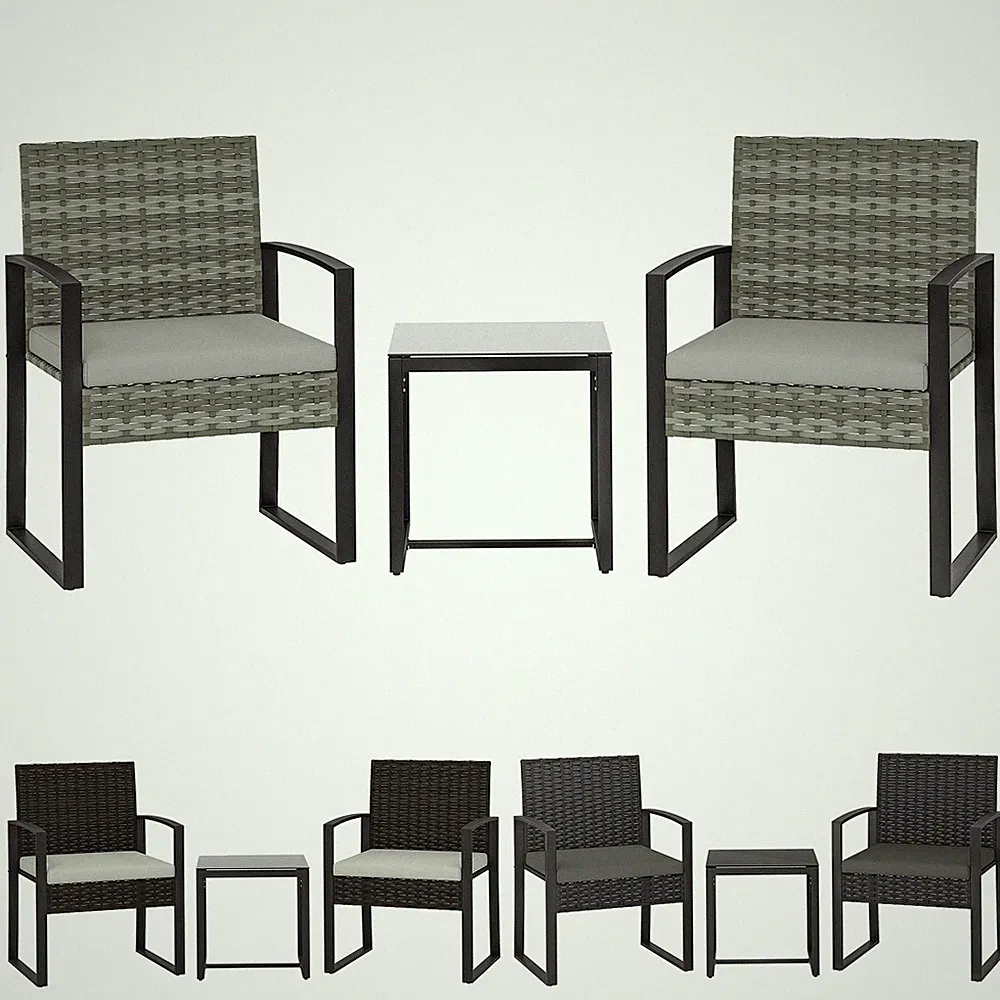 Rattan Bistroset, 3 teiliges Gartenmöbel-Set mit 2 Gartenstühlen, Couchtisch