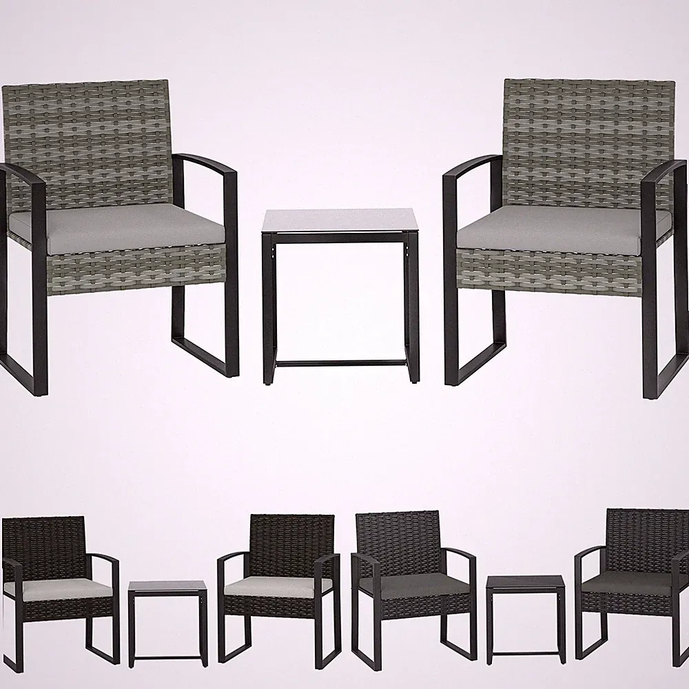 Rattan Bistroset, 3 teiliges Gartenmöbel-Set mit 2 Gartenstühlen, Couchtisch