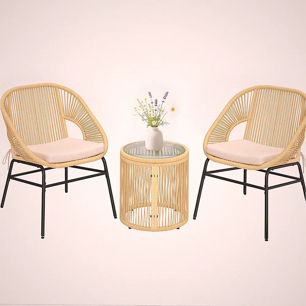 Rattan Bistroset 3 teiliges Gartenmöbel-Set mit 2 Gartenstühlen, Glastisch