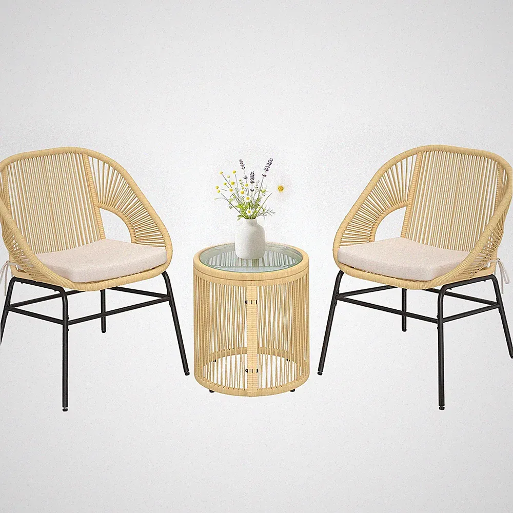 Rattan Bistroset 3 teiliges Gartenmöbel-Set mit 2 Gartenstühlen, Glastisch