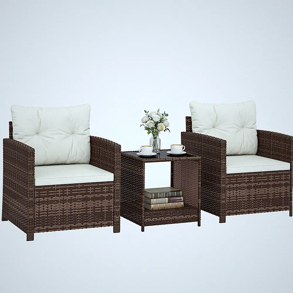 Rattan Bistroset, 3 teiliges Gartenmöbel-Set mit 2 Sessel, 2-Ebene Glastisch