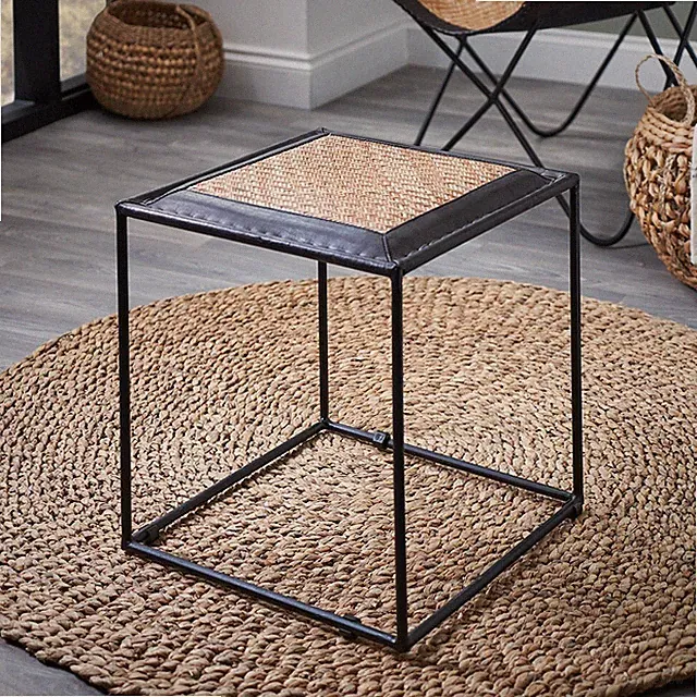 Rattan Fußhocker Leder schwarz Metallbeine Art Deco Akzentstuhl