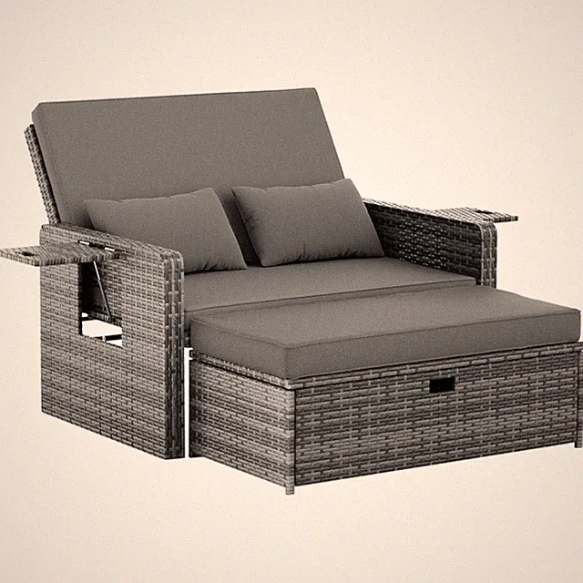 Rattan Garten Lounge Set, 2-Sitzer Gartensofa mit Verstellbarer Rückenlehne u...