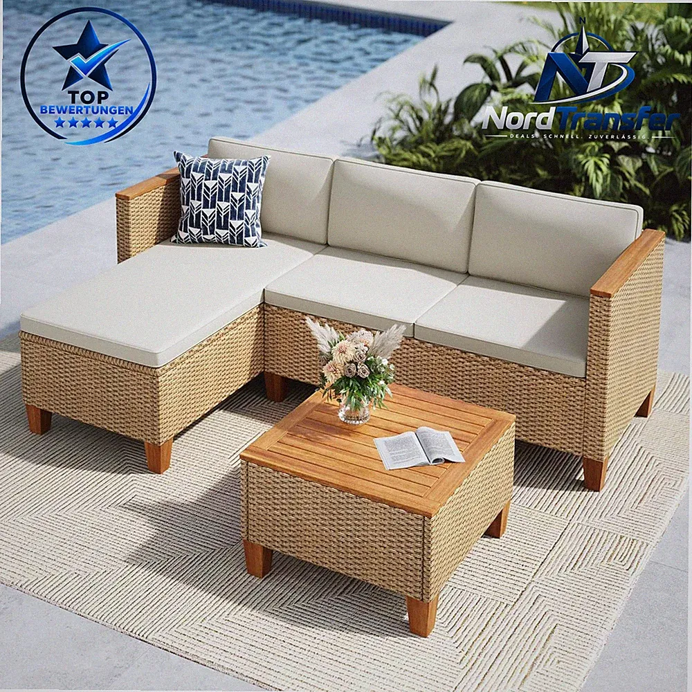 Rattan Gartenmöbel Set 3-teilig L-förmig mit Beigen Kissen für 4 Personen